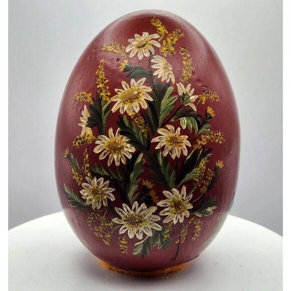 1995 Vintage Artistisan Signed Chalkware Egg Large Handpainted Red Yellow Floral - Picture 1 of 9